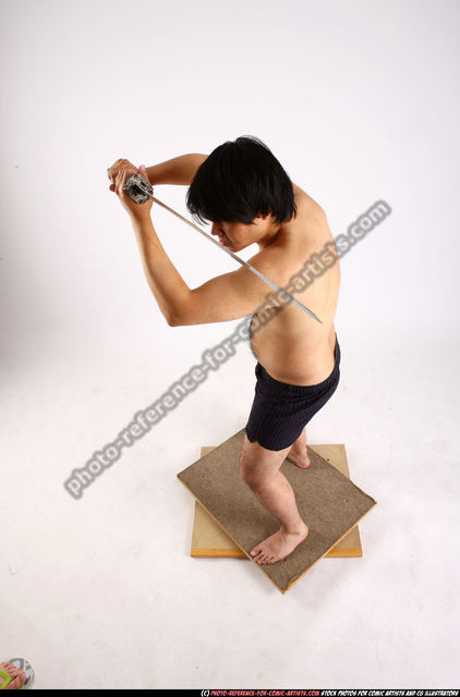 Man Adult Average Fighting with sword Standing poses Underwear Asian