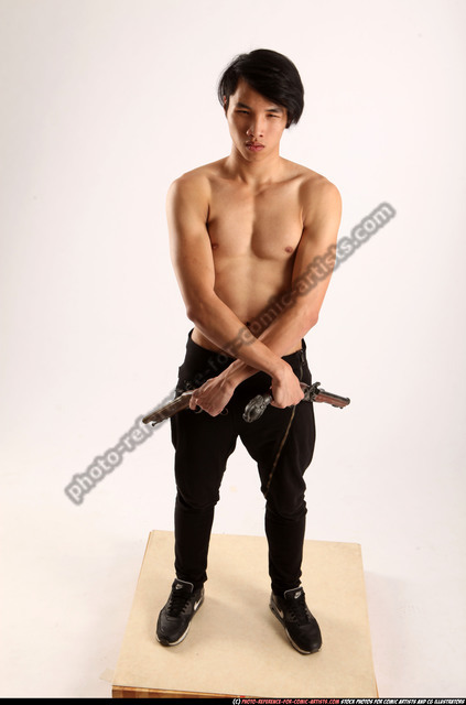 Man Young Athletic Fighting with gun Standing poses Pants Asian
