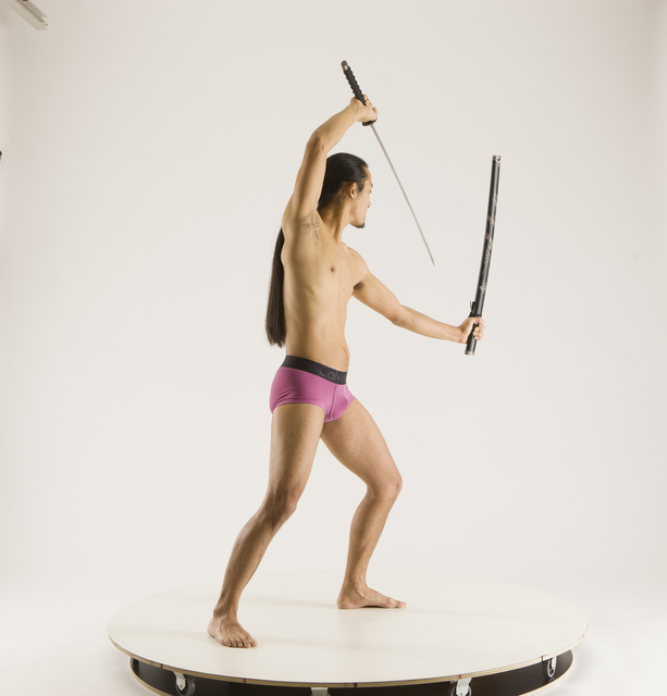 Man Adult Athletic Fighting with sword Standing poses Underwear Asian
