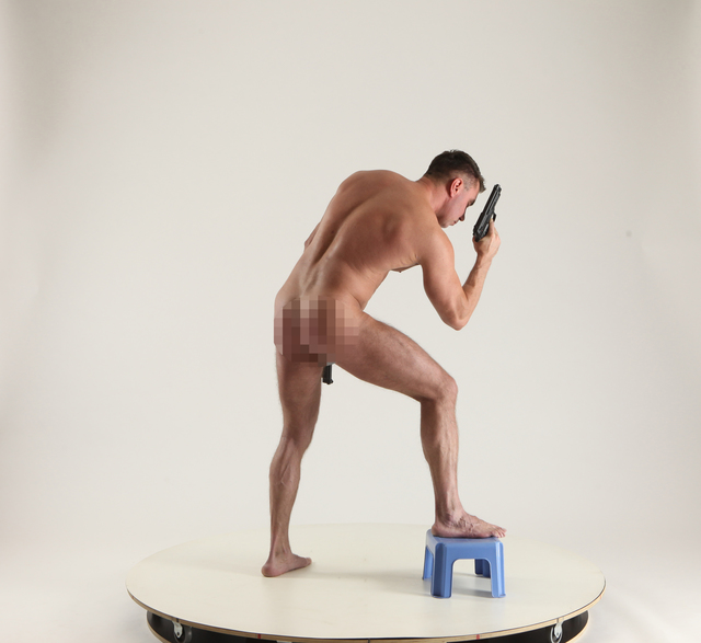 Man Adult Muscular White Fighting with gun Standing poses Underwear
