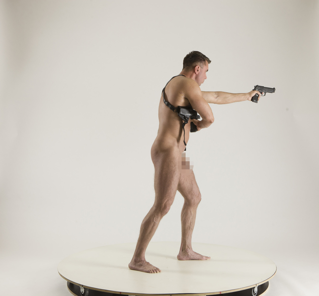 Man Adult Muscular White Fighting with gun Sitting poses Underwear