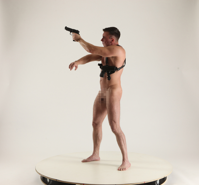Man Adult Muscular White Fighting with gun Standing poses Underwear
