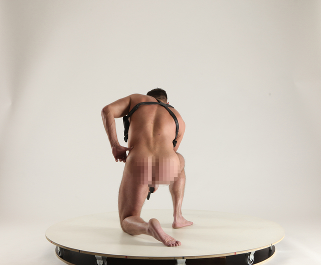 Man Adult Muscular White Fighting with gun Kneeling poses Underwear